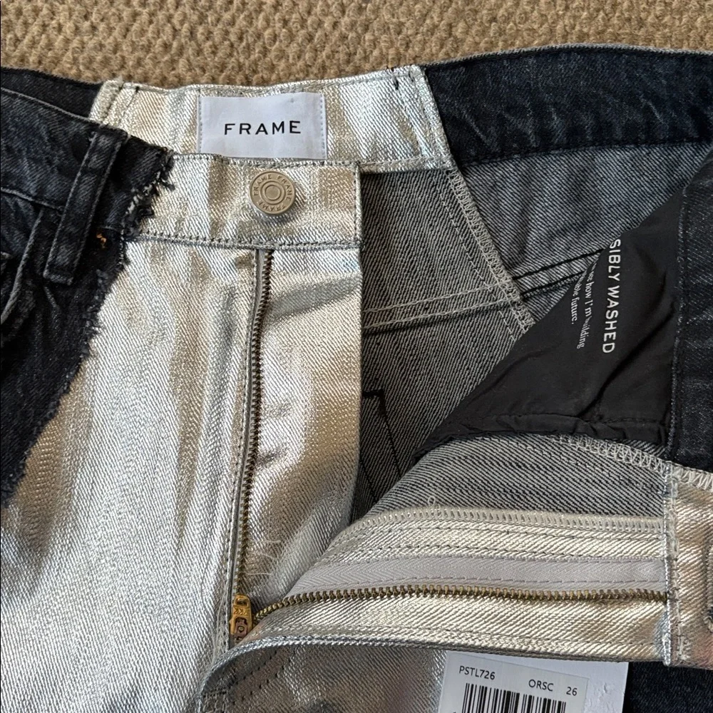 NWT FRAME Pieced Metallic Silver Black Straight Leg Jeans Size 26 Retail $448